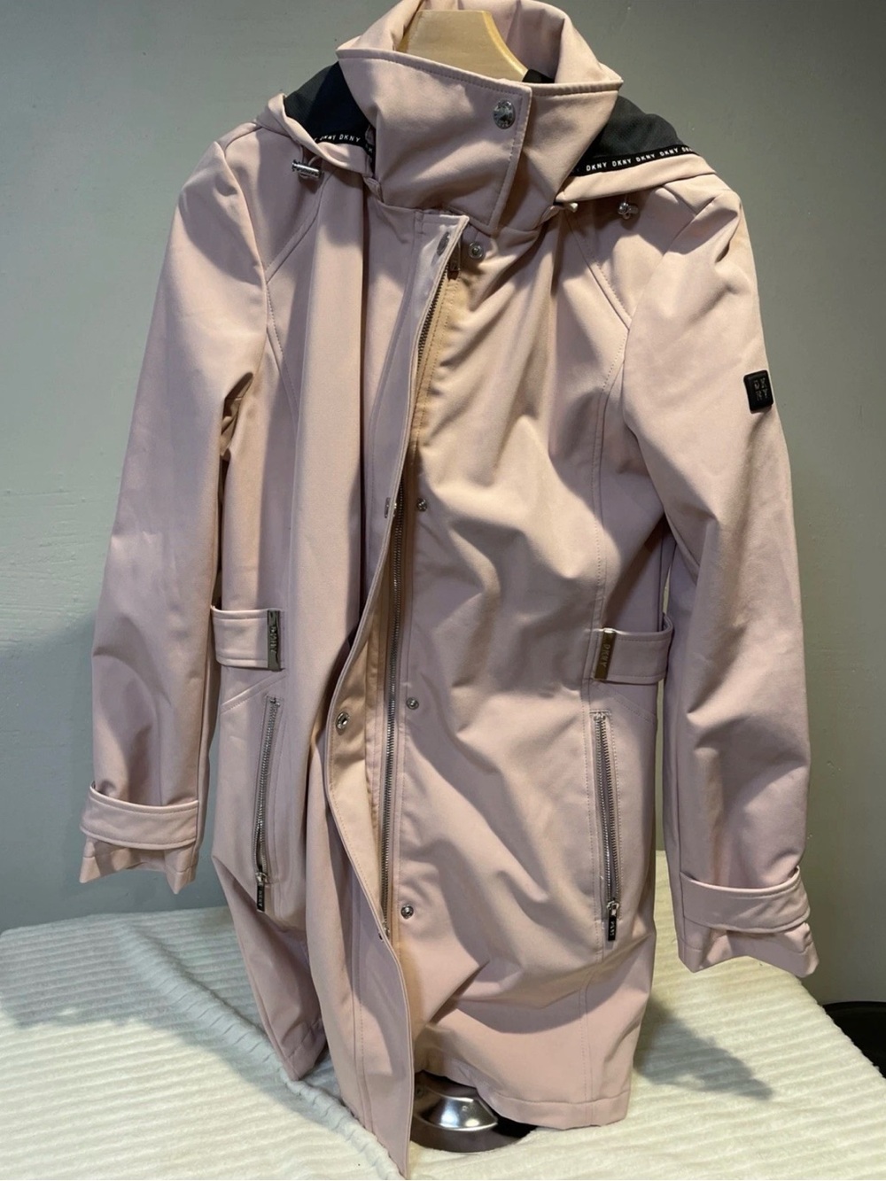 DKNY Blush Pink Trench Coat with Hood - Picture 2 of 9